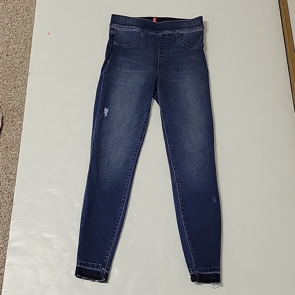Spanx denim jeggings raw hem, slightly distressed women's sz small, blue